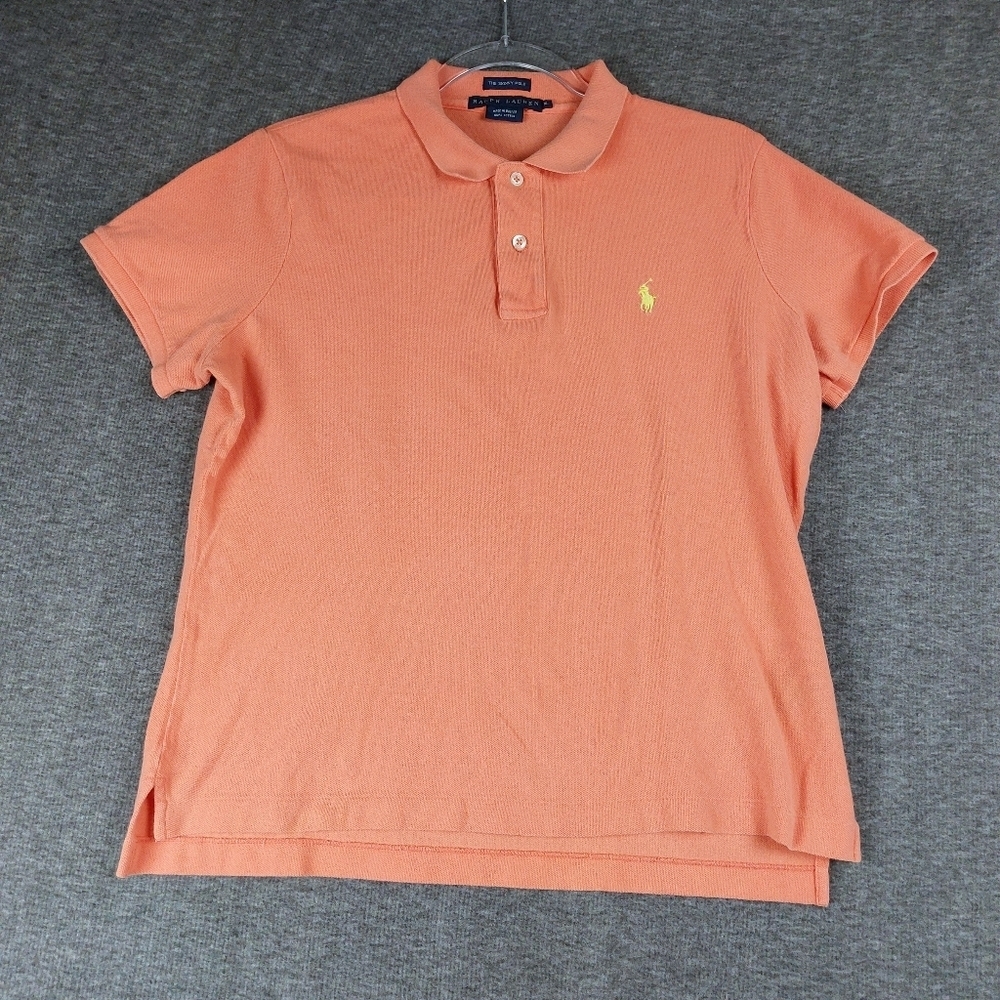 RALPH LAUREN THE SKINNY POLO BOYS PEACH PINK ORANGE CORAL SHORT SLEEVE SHIRT L